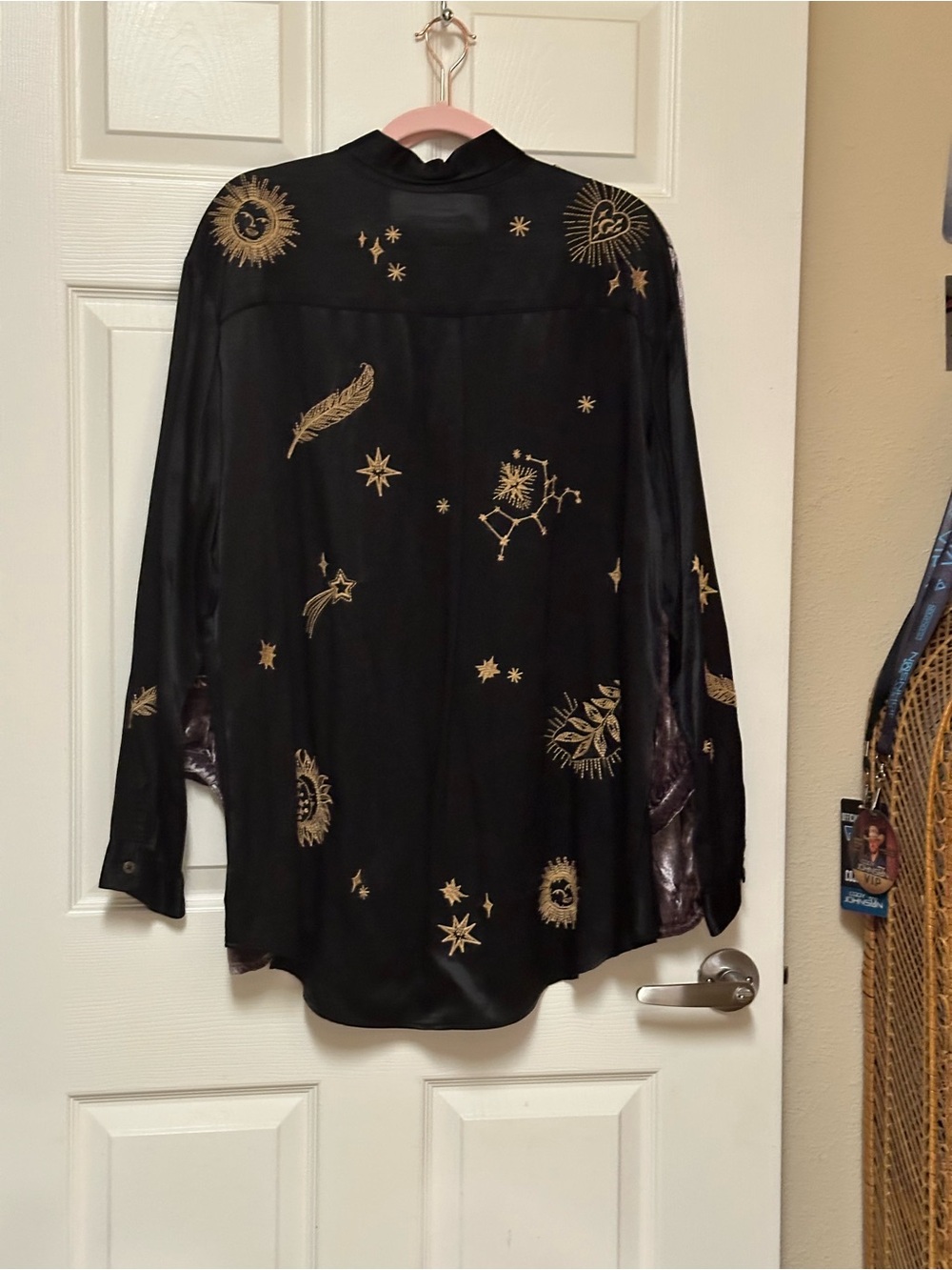 Johnny Was Black Button-Down Shirt with Gold Celestial Print